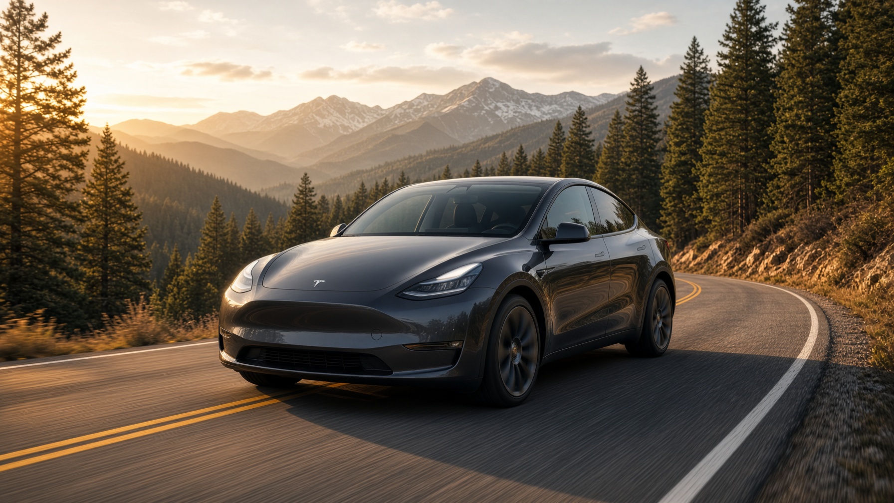 Dark Tesla Model Y on a gold-hour road